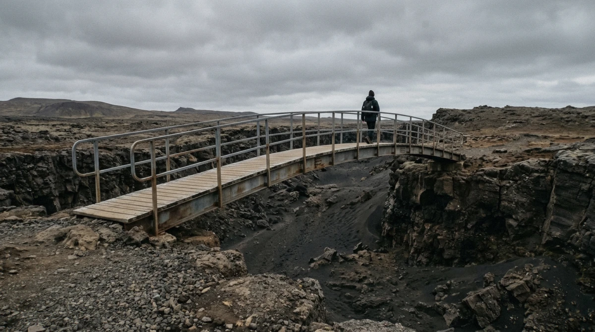 The Bridge Between Continents spanning the rift between tectonic plates, a stop on a private volcano tour in Iceland near Fagradalsfjall