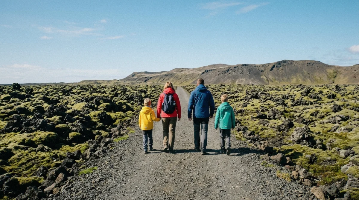 A child walking behind a parent on the cooled lava trail on a Fagradalsfjall volcano hike with kids, Reykjanes Peninsula, Iceland