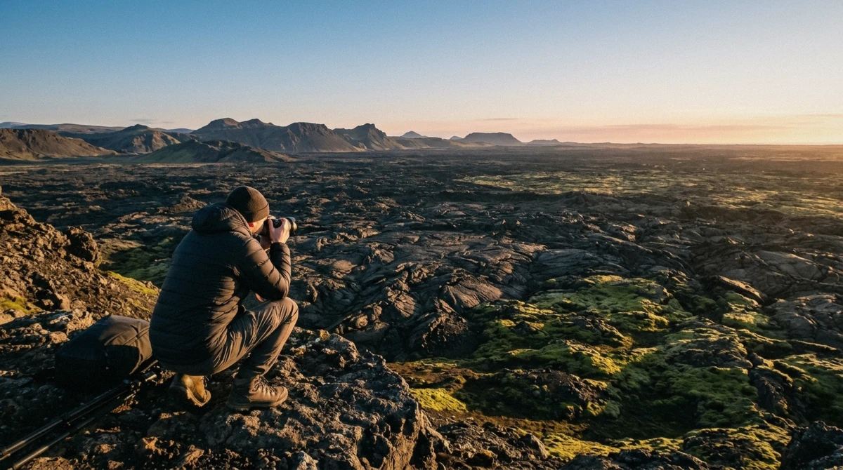 A hiker photographing the layered lava fields from a ridge viewpoint, one of the best photo spots for a Fagradalsfjall volcano tour, Reykjanes Peninsula, Iceland