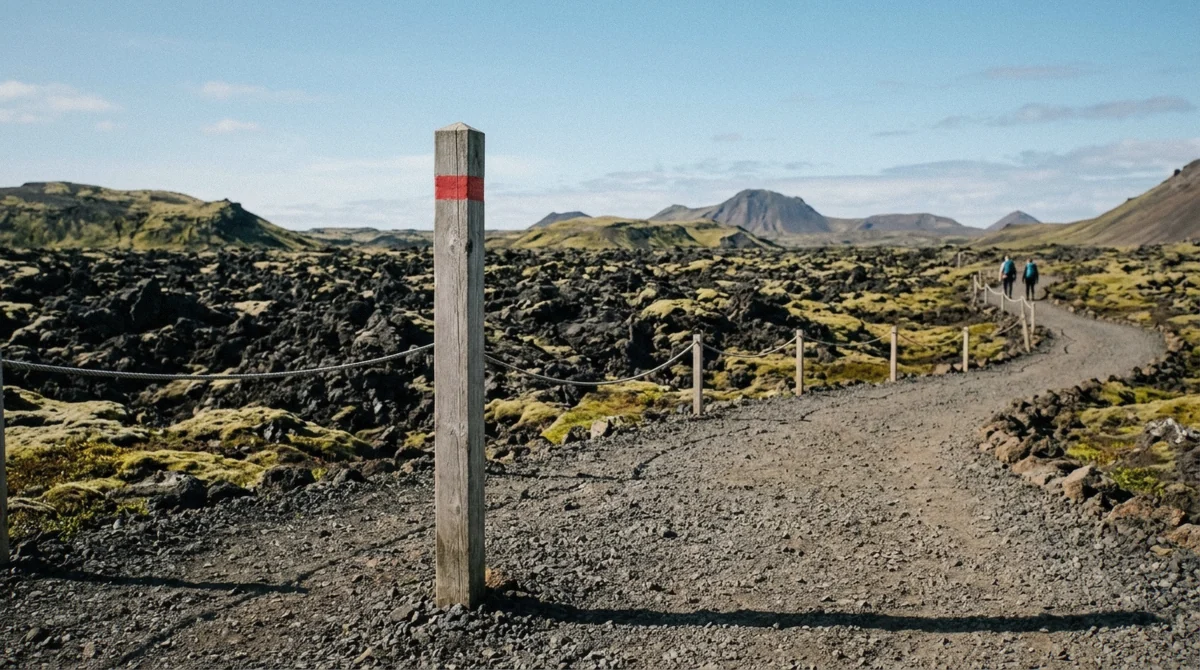 Warning sign about sulphur gas and trail closures at the Fagradalsfjall car park, part of how Fagradalsfjall volcano safety is managed on the Reykjanes Peninsula, Iceland