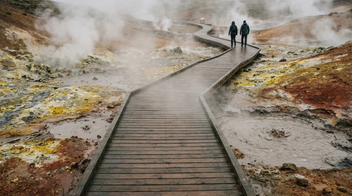 Boardwalk between steaming fumaroles and mud pools at Seltun, a stop on the Reykjanes minibus tour near the Fagradalsfjall volcano, Iceland