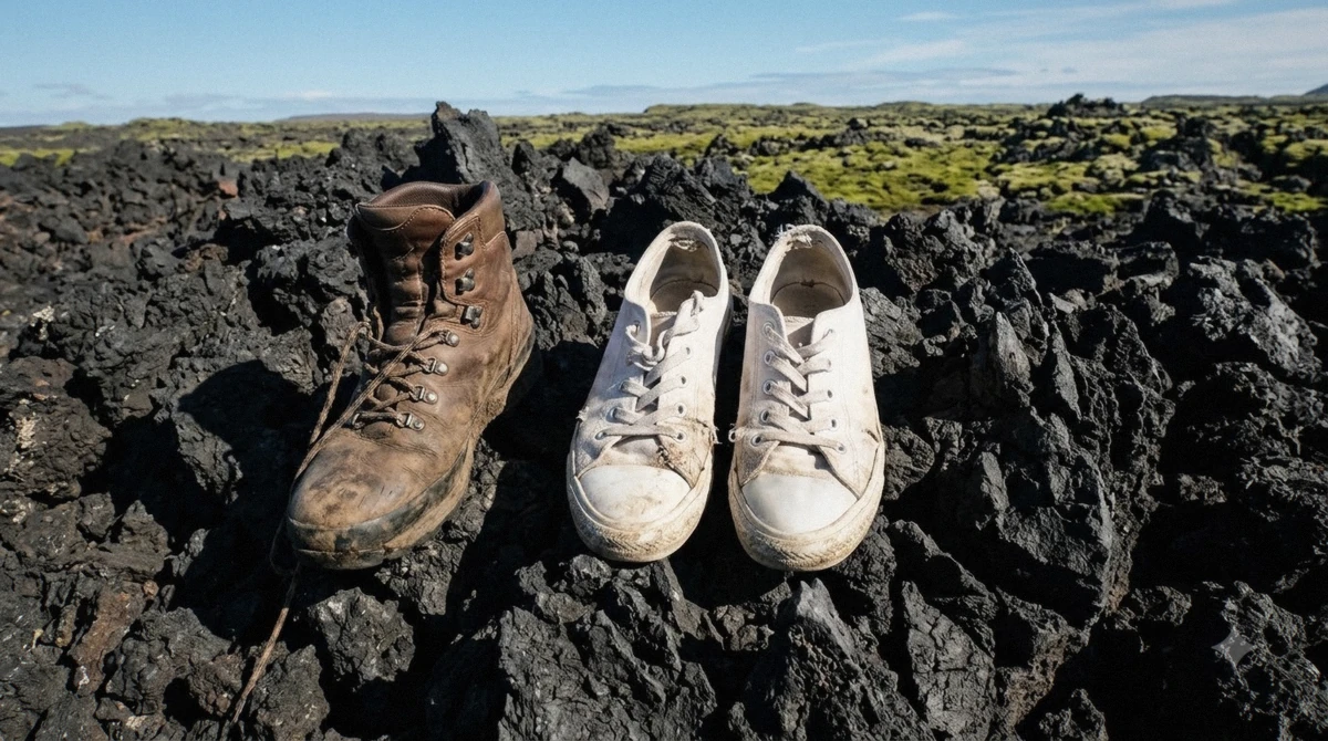 Hiking boots next to a pair of trainers on the cracked lava trail, the footwear mistake many make on a Fagradalsfjall volcano tour, Reykjanes Peninsula, Iceland