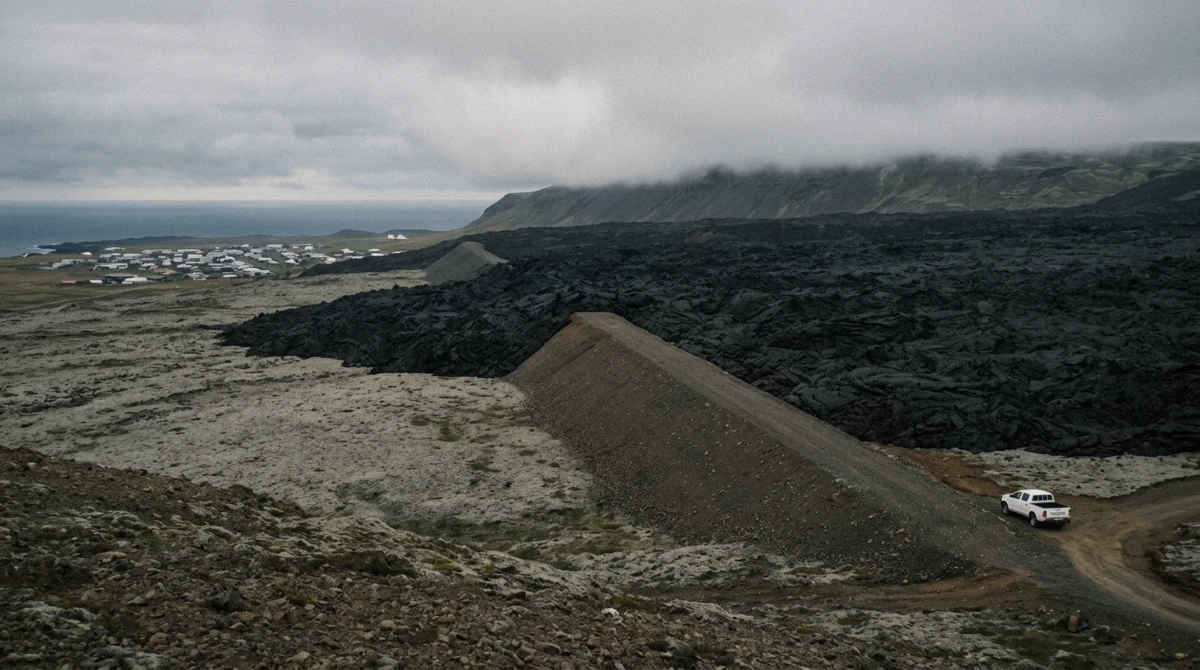 Earth barrier holding back black lava above Grindavik, a stop on the Reykjanes minibus tour near the Fagradalsfjall volcano, Iceland