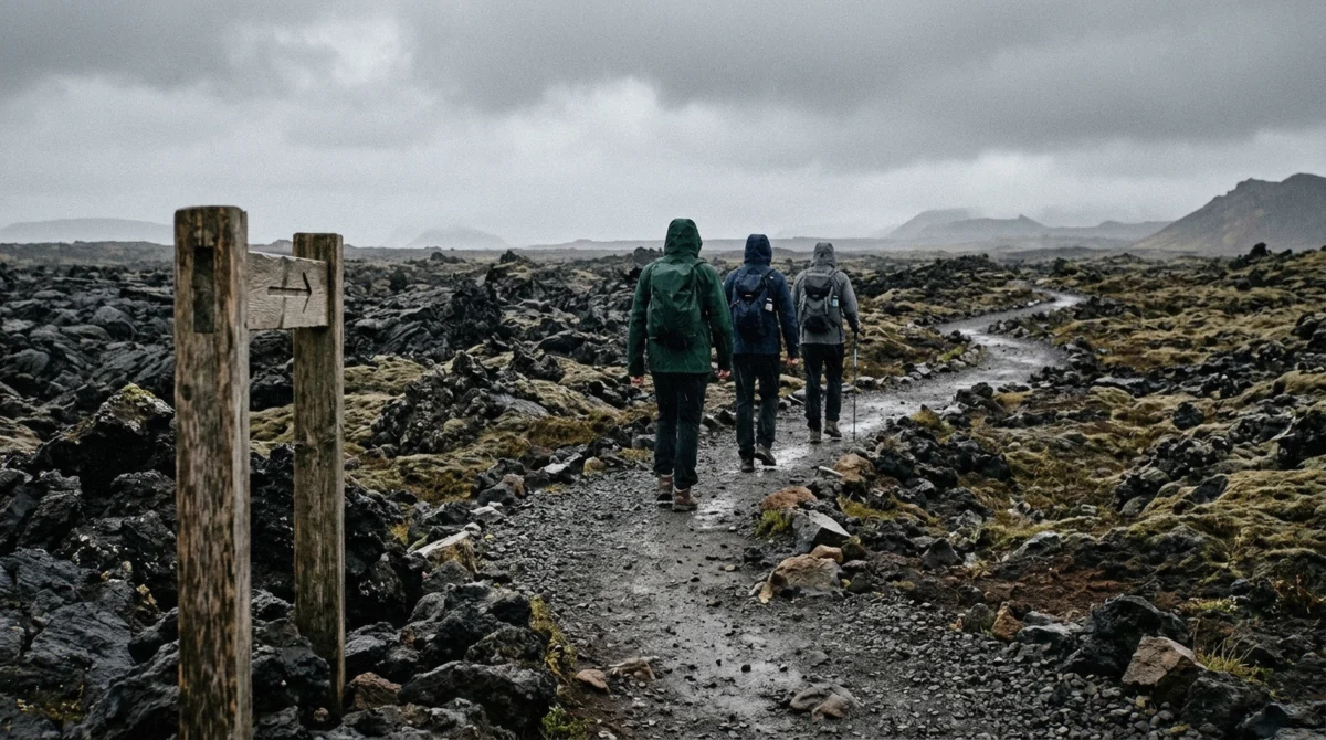 Hikers in waterproofs walking a marked gravel path across the lava on a Fagradalsfjall volcano hike, Reykjanes Peninsula, Iceland