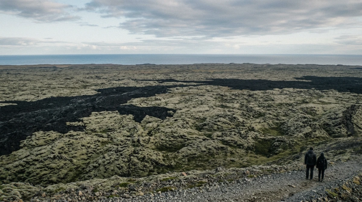 Black lava flows meeting moss-green ground on the flat Reykjanes Peninsula, the landscape crossed on an Iceland volcano helicopter tour