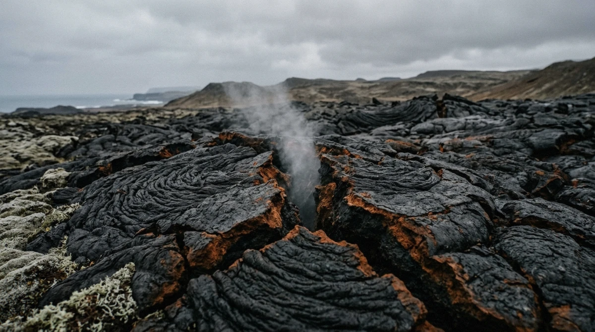 Steam rising from a crack in the cooled lava crust on the Fagradalsfjall volcano hike, Reykjanes Peninsula, Iceland